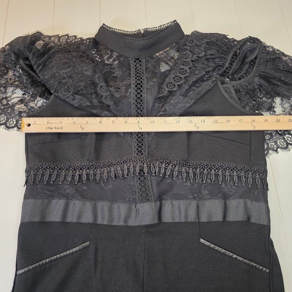 Self-Portrait Sz 10 Fine Lace Paneled Jumpsuit Black High Neck Ruffle Taper Leg - Picture 9 of 14